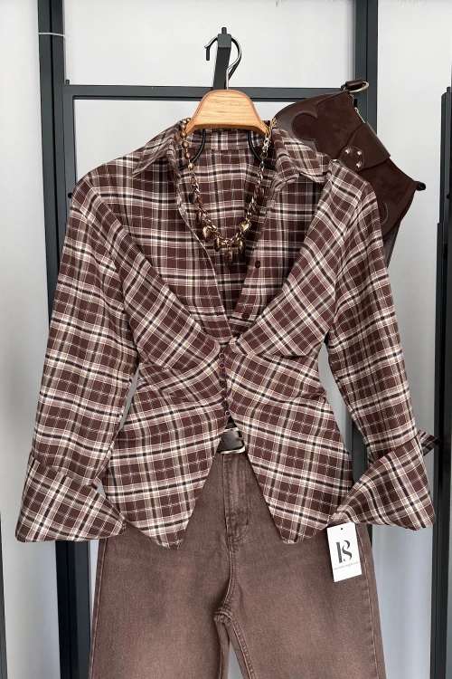 Ekose Desen Düğme Detaylı Gömlek Kahve-Ekru