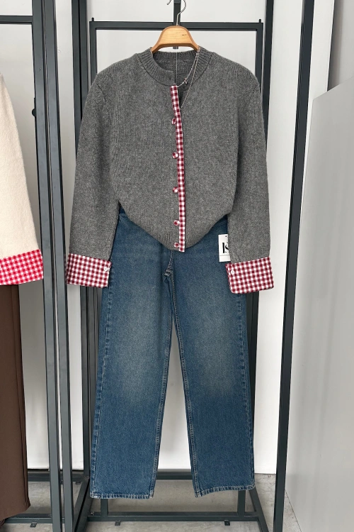 Ekose Düğmeli Triko Hırka Gri