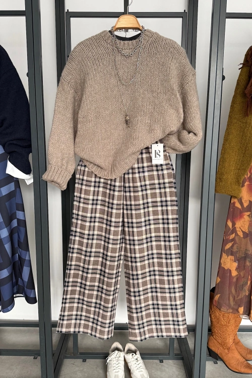 Ekose Pantolon Bej-Lacivert