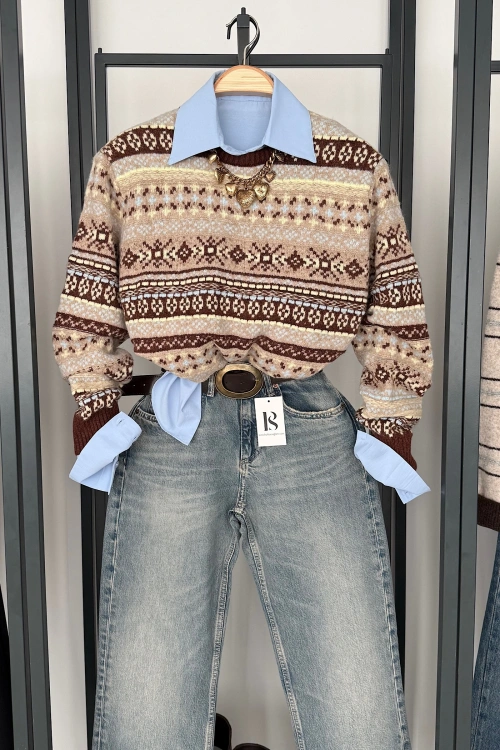 Etnik Desen Retro Triko Kazak Kahve-Sarı