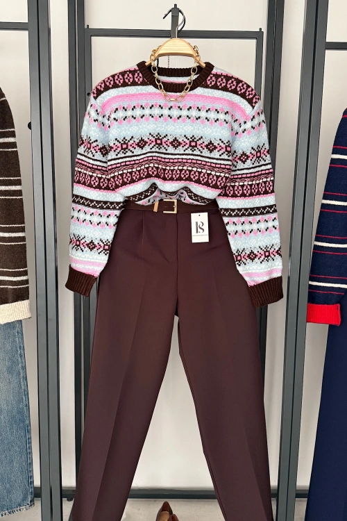 Etnik Desen Retro Triko Kazak Pembe-Mavi