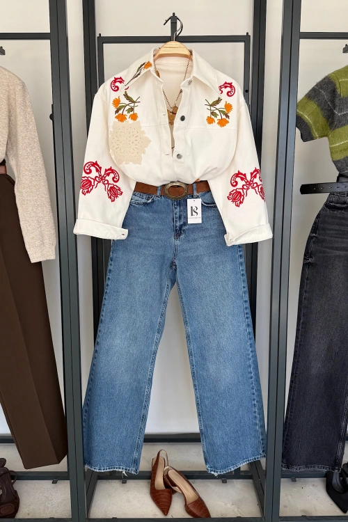 Floral Denim Ceket Ekru
