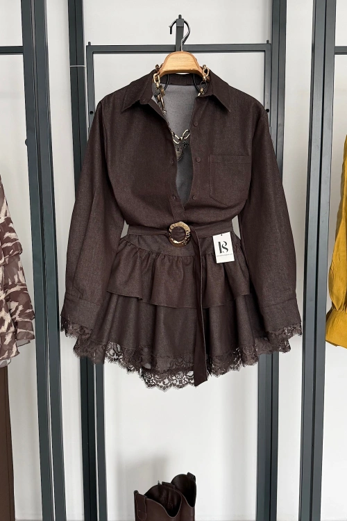 Gold Kemerli Dantel Detaylı Denim Elbise Acı Kahve