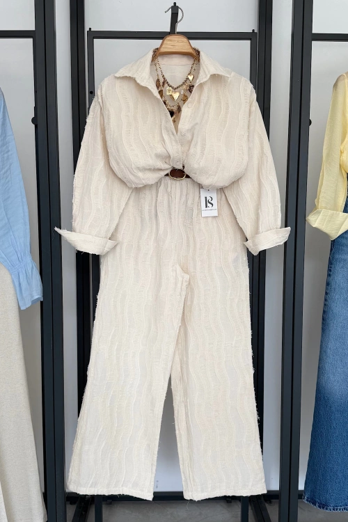 Premium Dokulu Gömlek Pantolon Takım Bej