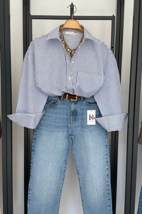 İnce Çizgili Poplin Gömlek Beyaz Mavi