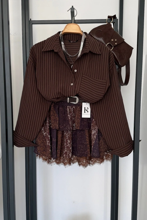 Kabartma Dokulu Oversize Gömlek Kahverengi