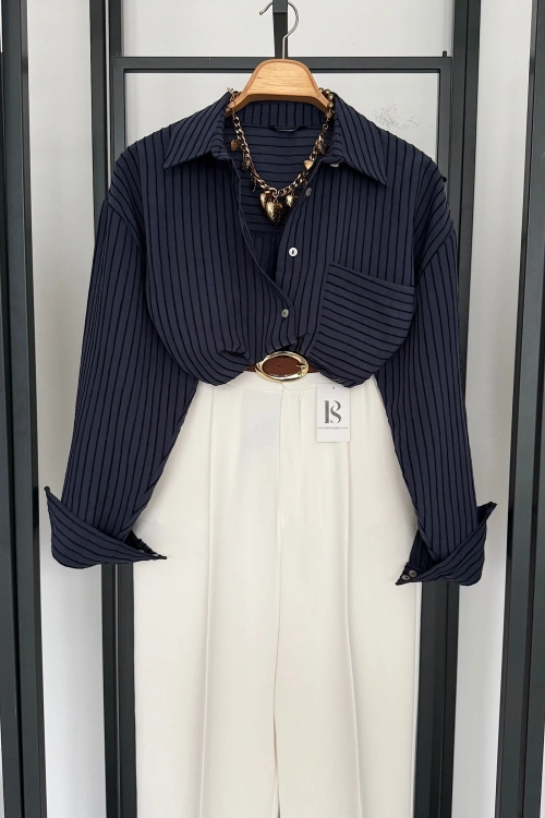 Kabartma Dokulu Oversize Gömlek Lacivert