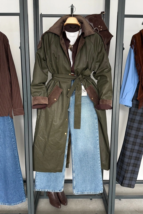 Kadife Detaylı İçi Kürklü Parka Mont Yeşil