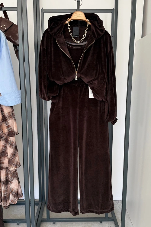 Kadife Üçlü Takım Kahverengi