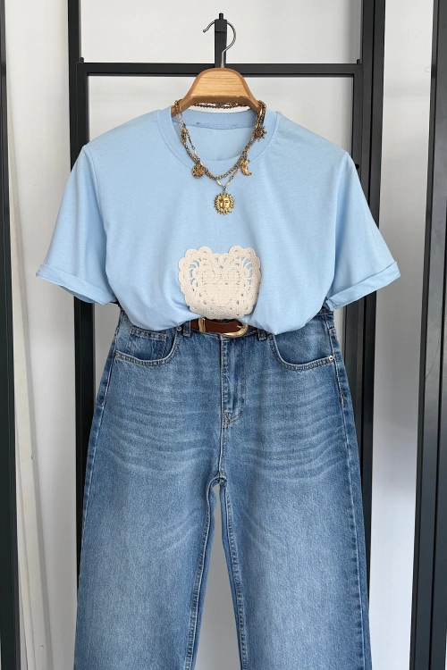 Kalp Detay İşleme T-Shirt Bebe Mavi