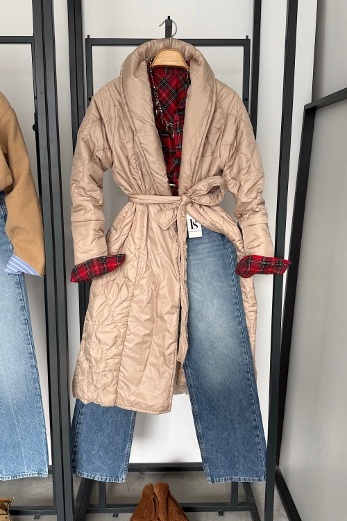 Kapitone Uzun Bağlamalı Mont Bej