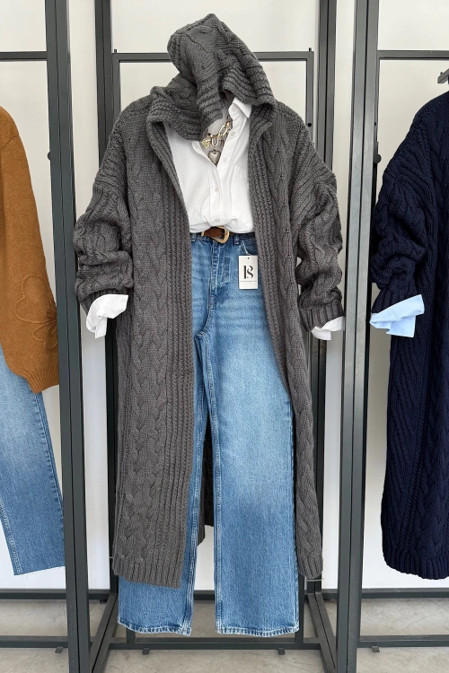 Kapüşonlu Uzun Hırka Füme