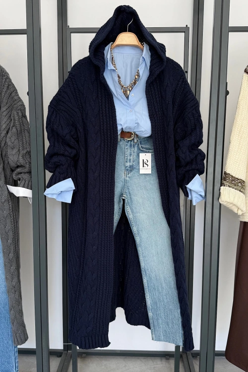 Kapüşonlu Uzun Hırka Lacivert