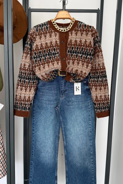 Karışık Desen Hırka Kahverengi