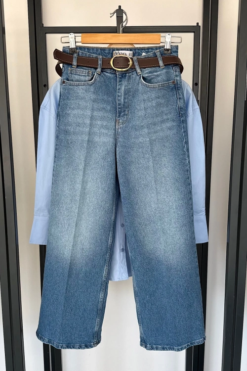 Kemerli Wide Leg Jean Mavi