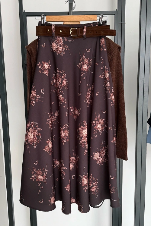 Kendinden Kemerli Çiçek Desen Etek Kahve Çiçek