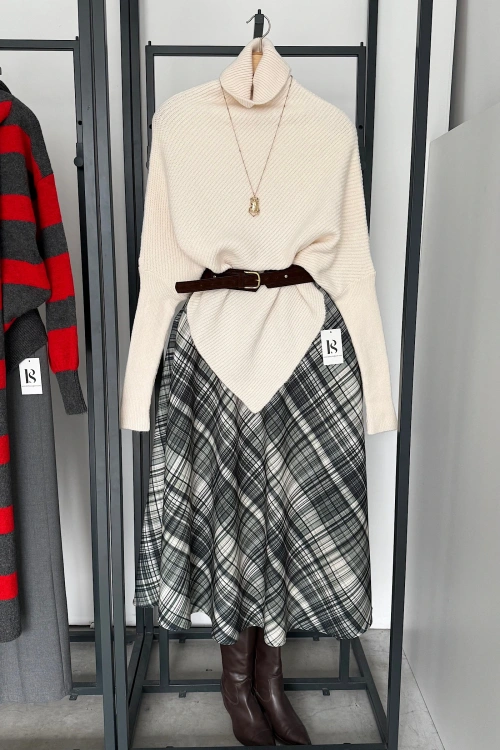 Kendinden Kemerli Çizgili Etek Çağla-Ekru