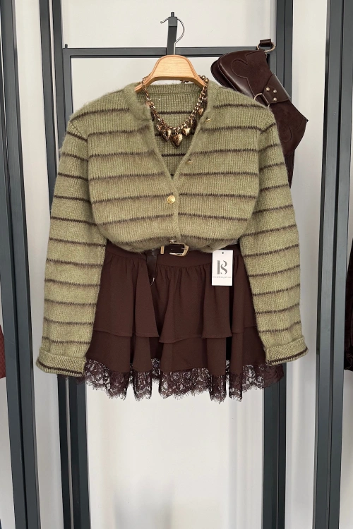 Kendinden Kemerli Dantelli Kat Etek Kahverengi