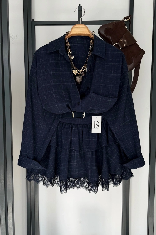 Kendinden Kemerli Etekli Takım Lacivert