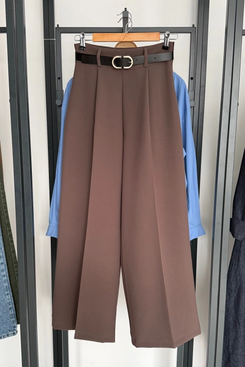 Kendinden Kemerli Palazzo Pantolon Kahverengi