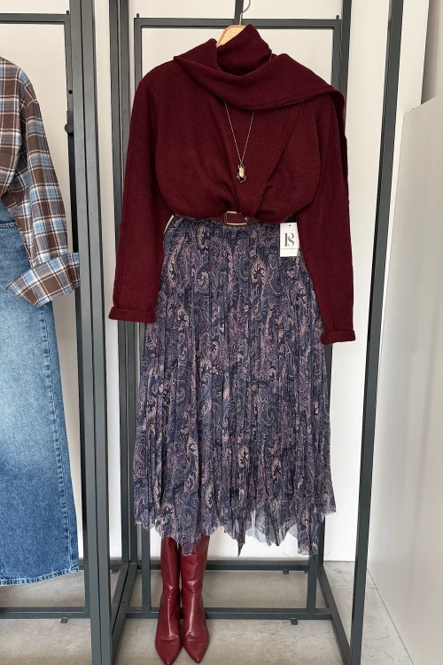 Kendinden Şallı Kazak Bordo