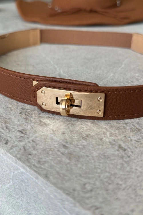 Kilit Tokalı İnce Lastikli Kemer Taba