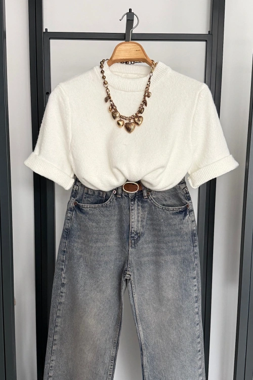 Kısa Kol Düz Kazak Ekru