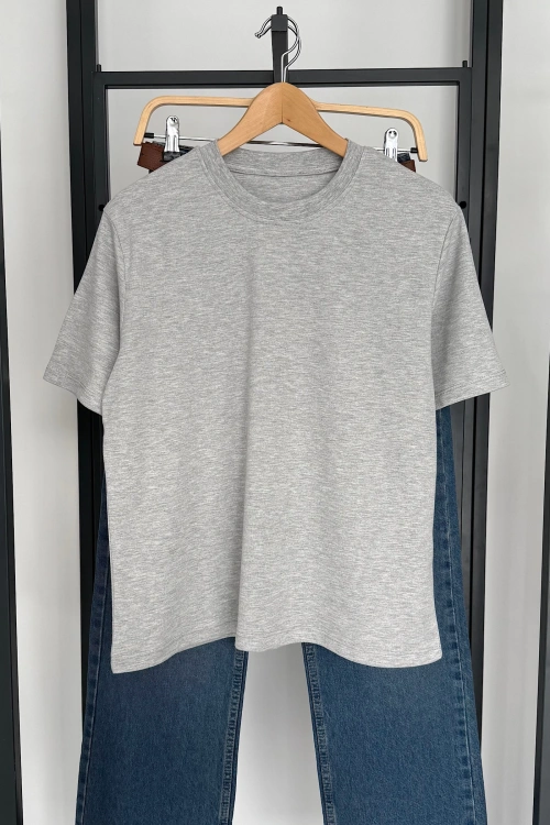 Kısa Kol Düz T-Shirt Gri