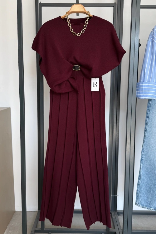 Kolsuz Süveter Pileli Pantolon Takım Bordo