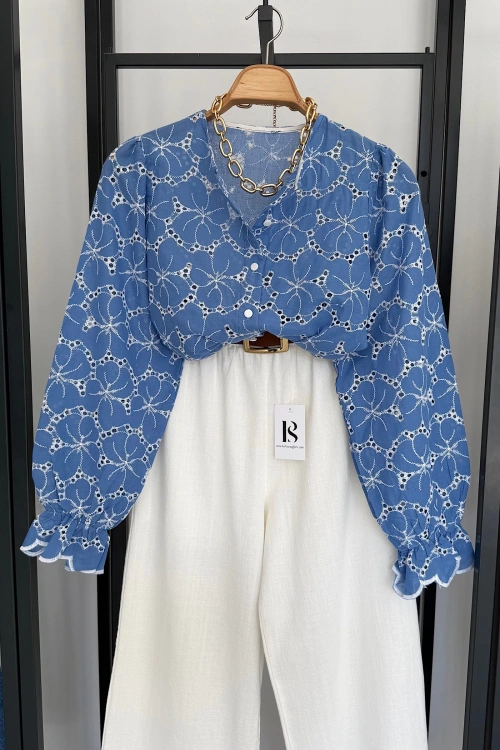 Kolu Fırfırlı Fistolu Gömlek Mavi