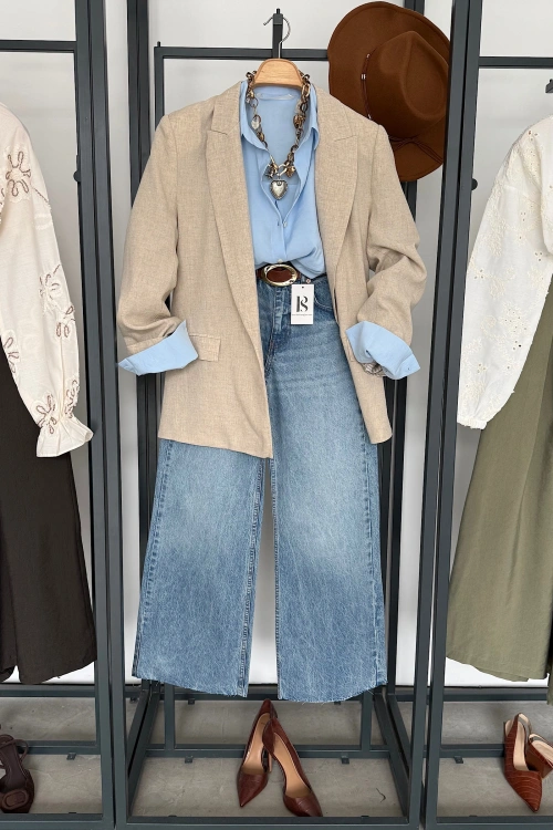 Kruvaze Keten Ceket Krem