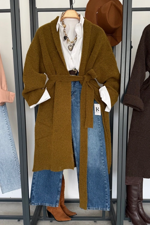 Kuşaklı Oversize Hırka Haki