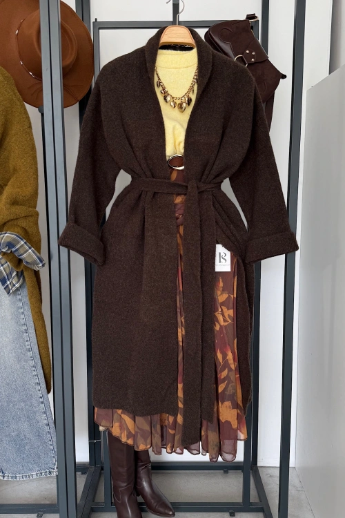 Kuşaklı Oversize Hırka Kahverengi