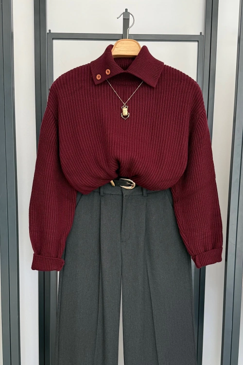 Mendil Yaka Triko Kazak Bordo