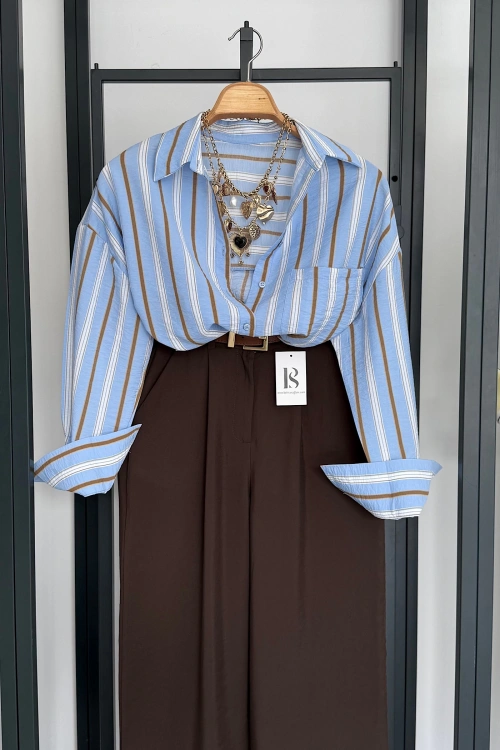 Multi Kahve Çizgili Gömlek Mavi-Kahve