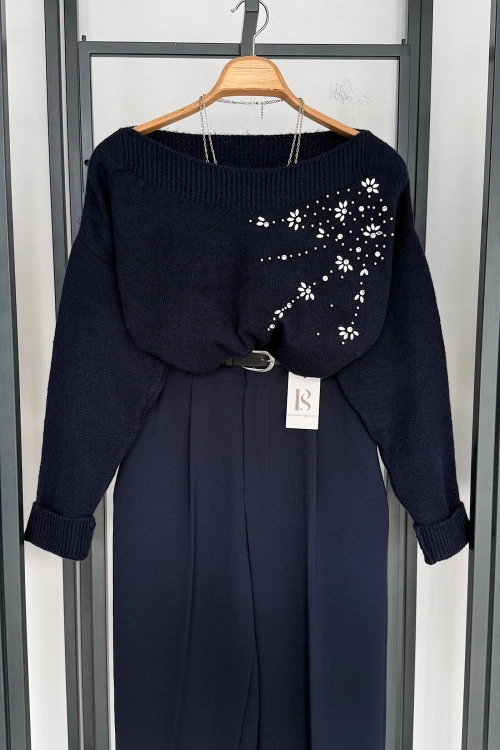 Omuzdan Taşlı Kazak Lacivert