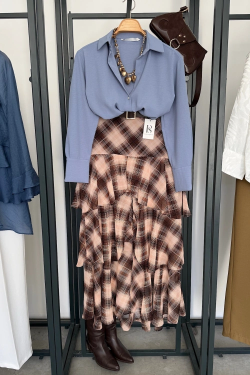 Önden Yırtmaçlı Kareli Çok Katlı Etek Kahverngi