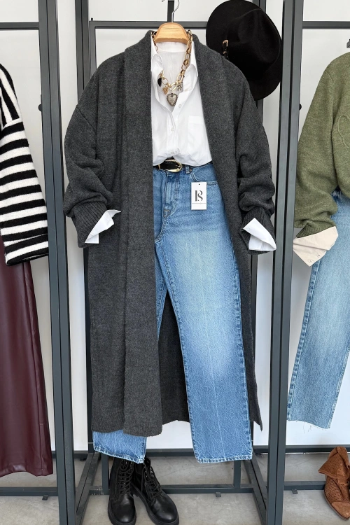 Önü Açık Şal Yaka Hırka Antrasit