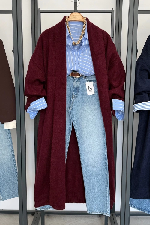 Önü Açık Şal Yaka Hırka Bordo