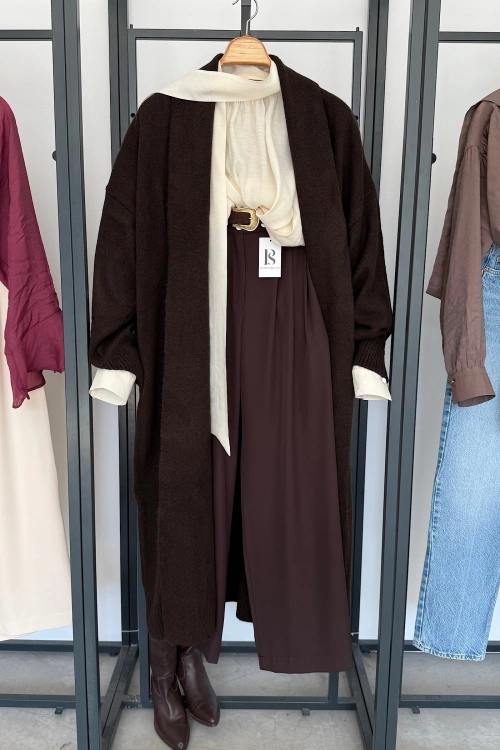 Önü Açık Şal Yaka Hırka Kahverengi