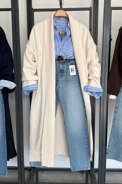 Önü Açık Şal Yaka Hırka Krem