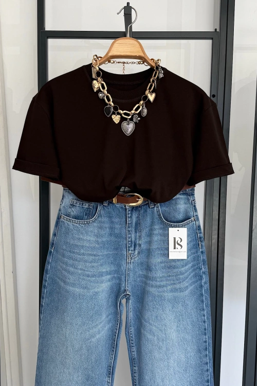 Oversize Bisiklet Yaka Kısa Kol T-Shirt Kahverengi