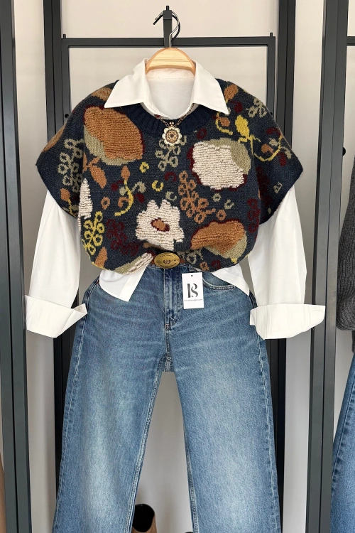 Oversize Çiçek Dokulu Süveter Antrasit