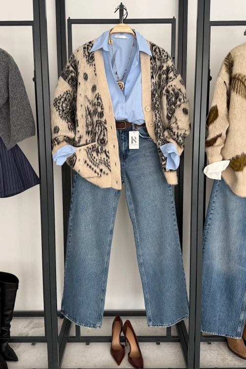 Oversize Desenli Hırka Ekru