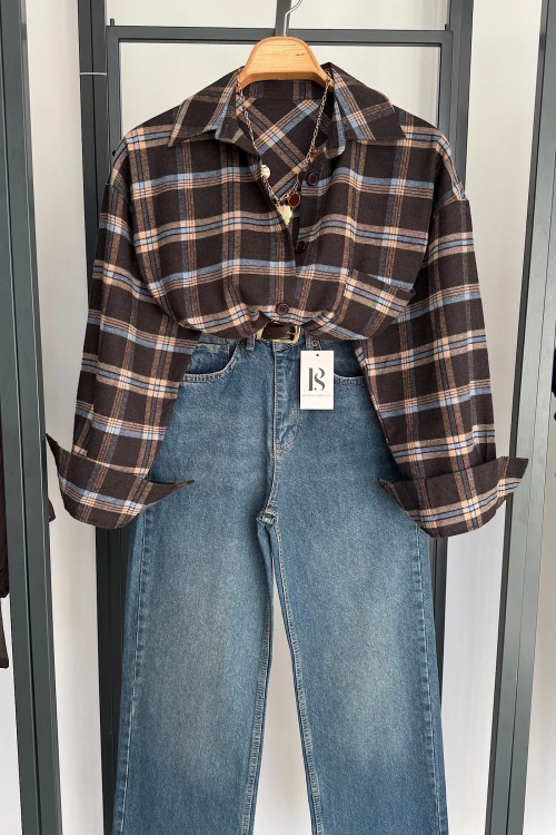 Oversize Ekose Gömlek Acı Kahve