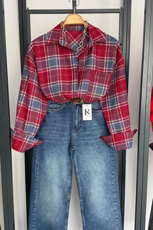 Oversize Ekose Gömlek Bordo