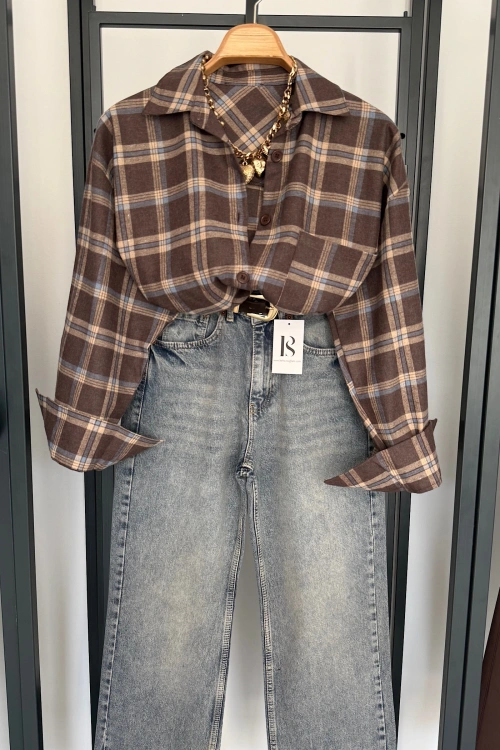 Oversize Ekose Gömlek Koyu Kahve