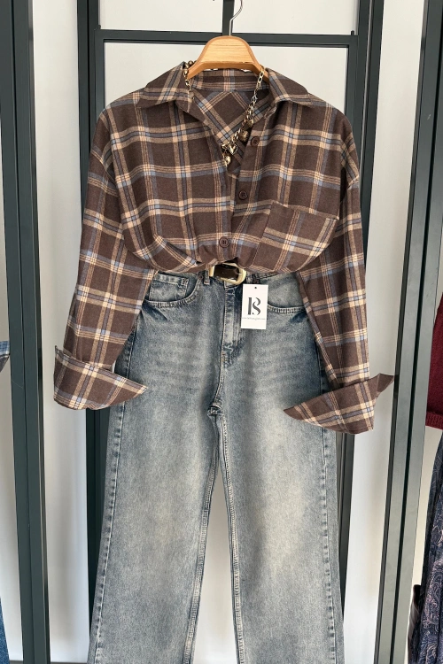 Oversize Ekose Gömlek Koyu Kahve