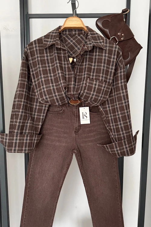 Oversize Ekose Gömlek Koyu Tarçın