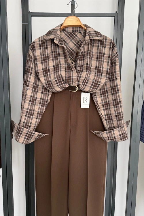 Oversize Ekose Gömlek Vizon